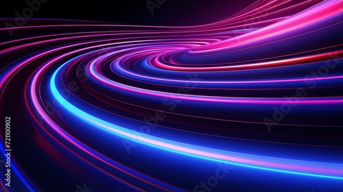 Neon light geometric shape. Futuristic modern space design. Abstract background with smooth lines in blue and purple colors, 3d render, Mockup background.