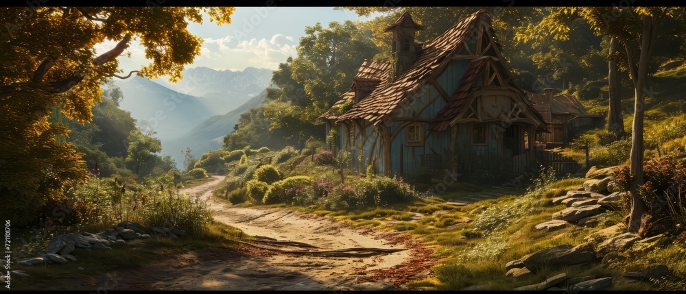 Fototapeta premium Sunset Over Stone Cottages, Enchanting Glow, Generative AI
