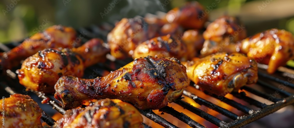 Marinated grilled chicken legs on a table in nature, up close. Marinated grilled chicken legs on a table in nature, up close.