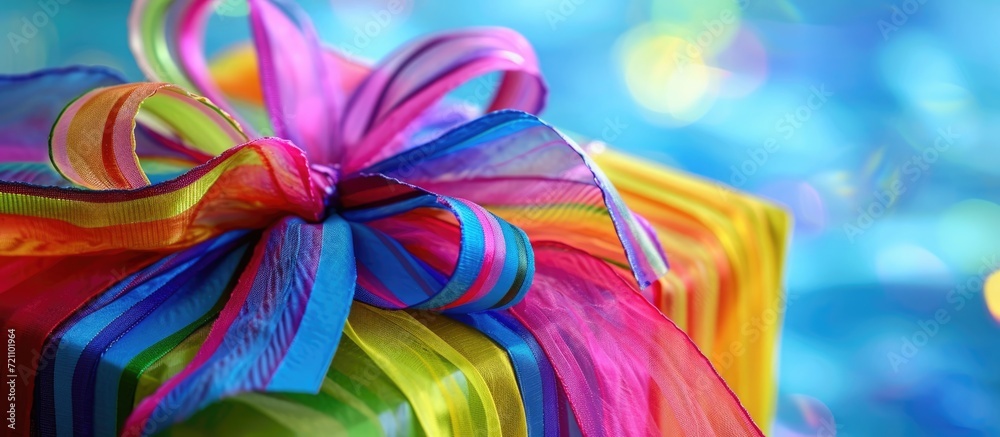 Fototapeta premium Vibrant colors and a multi-colored bow showcase the joy of a birthday gift.