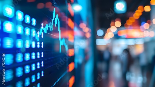 Blurred scene of people in an office with digital stock market display.