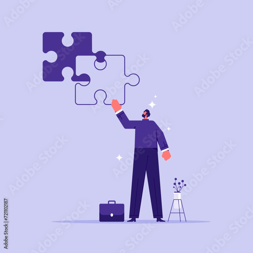 Last piece of jigsaw puzzle, businessman leader puts together huge puzzle on wall adding missing pieces, completing the final puzzle piece