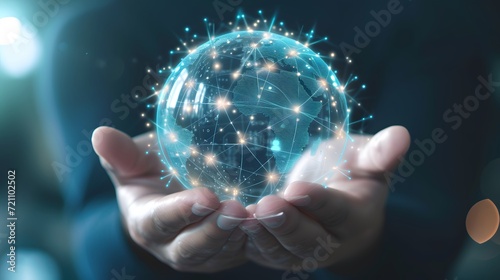 Pair of hands holding a transparent globe with digital connections and nodes superimposed over it, representing a network, global communication