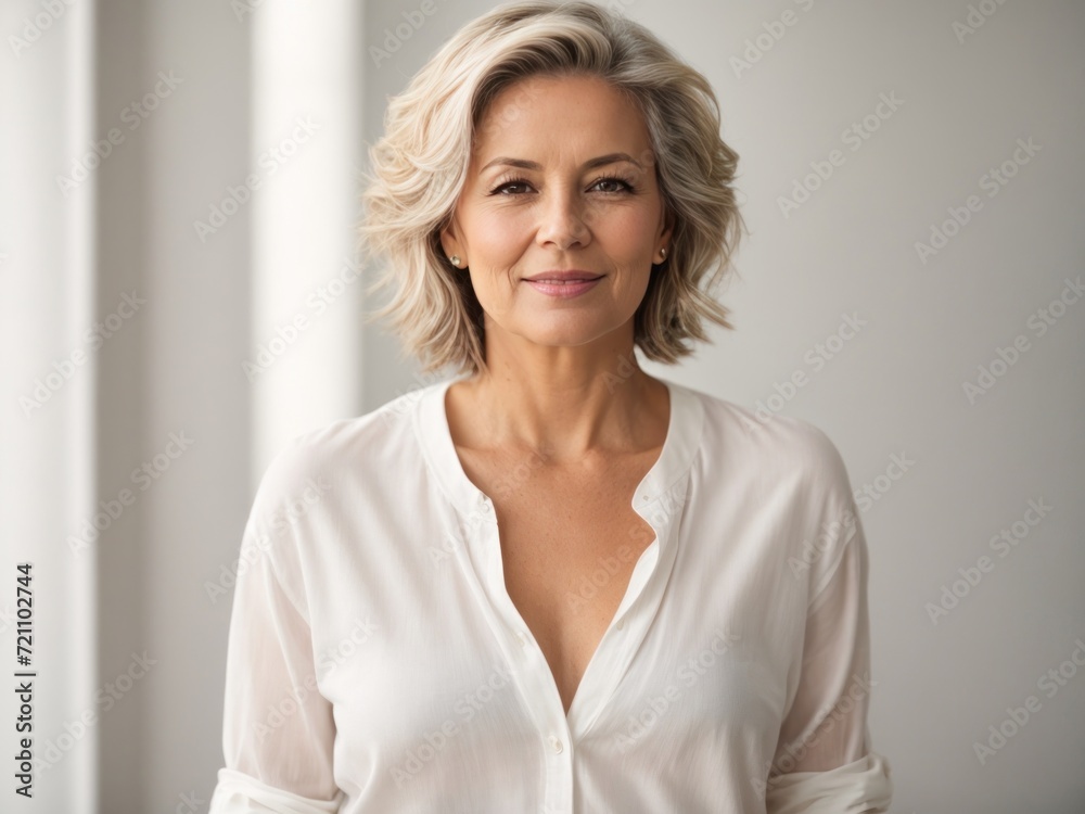 Fototapeta premium middle age blonde hairs women in white dress and white background. Generative AI