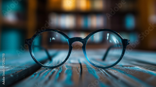 Round glasses on a wooden table with blurred books.