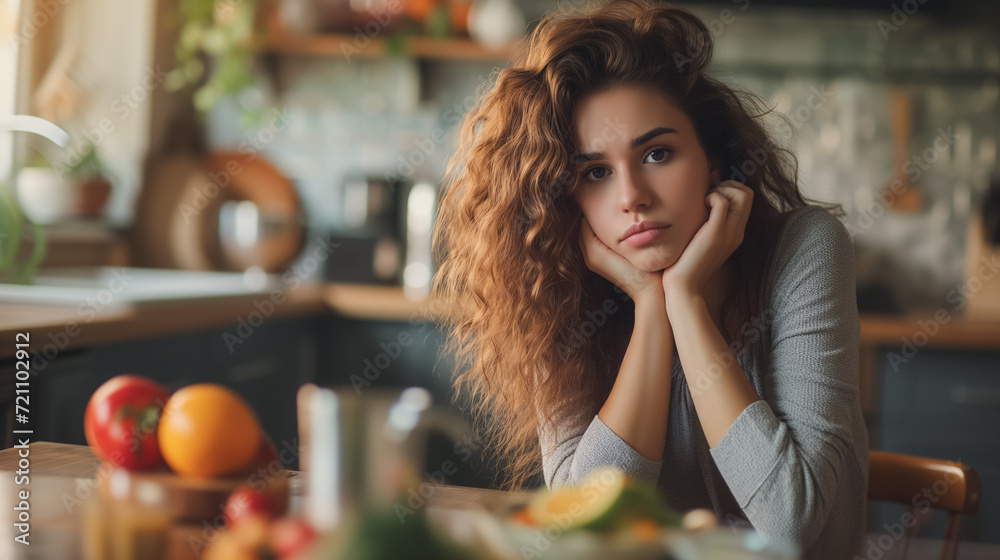 Woman looking pensive at a table with fruits.