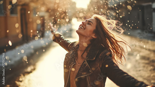 Joyful woman with arms open in sunlight. photo