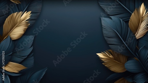 Beautiful luxury dark blue textured 3D background frame with golden and blue tropical leaves. Generative Ai