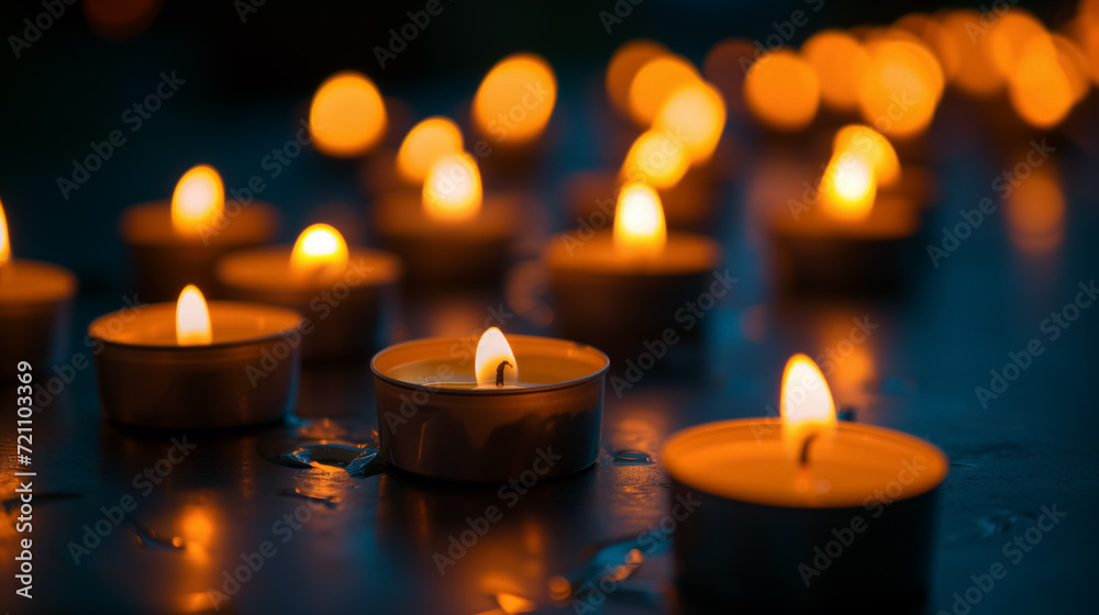 Tealight candles glowing in a dark room.