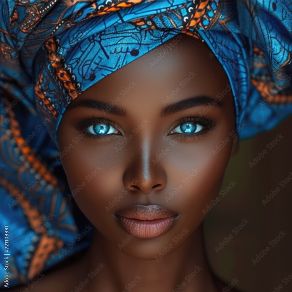 black skin dreamed smiled woman, hair with beautiful African turban, blue eyes