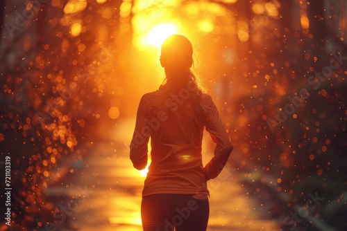 woman is jogging in the park, the light of the setting sun shines