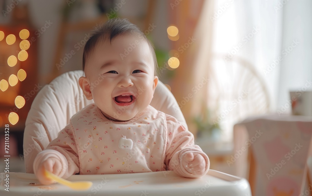 Asian Baby , sitting on high chair, holding a spoon Asian Baby , sitting on high chair, holding a spoon