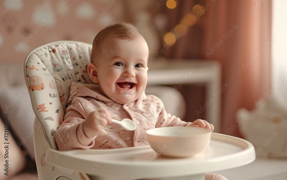 Happy Baby , sitting on high chair, holding a spoon Happy Baby , sitting on high chair, holding a spoon