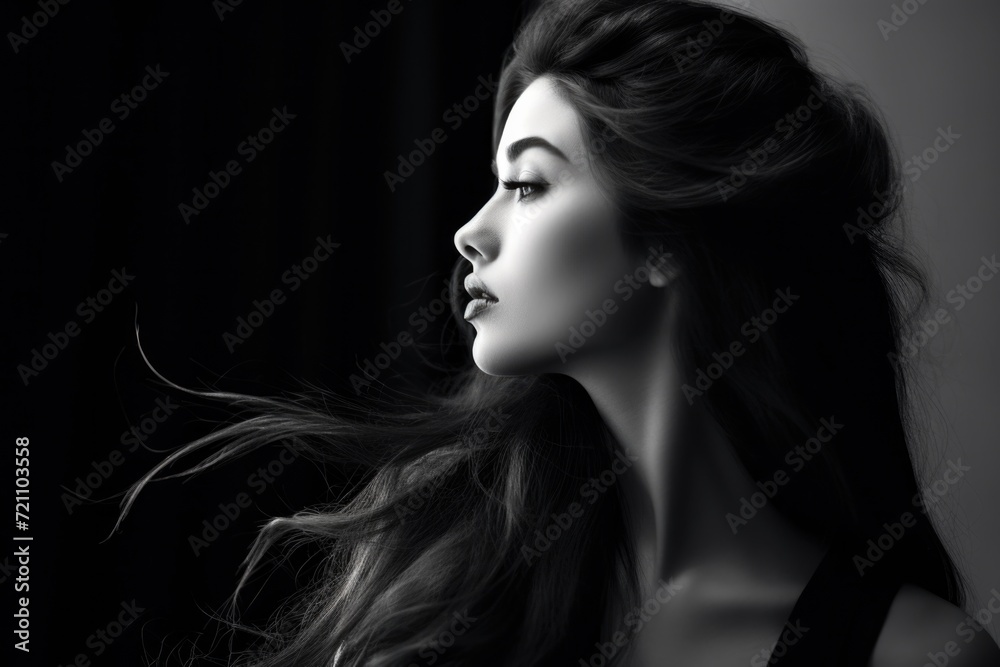 Black and white side portrait of a beautiful woman with the play of light and shadows Black and white side portrait of a beautiful woman with the play of light and shadows