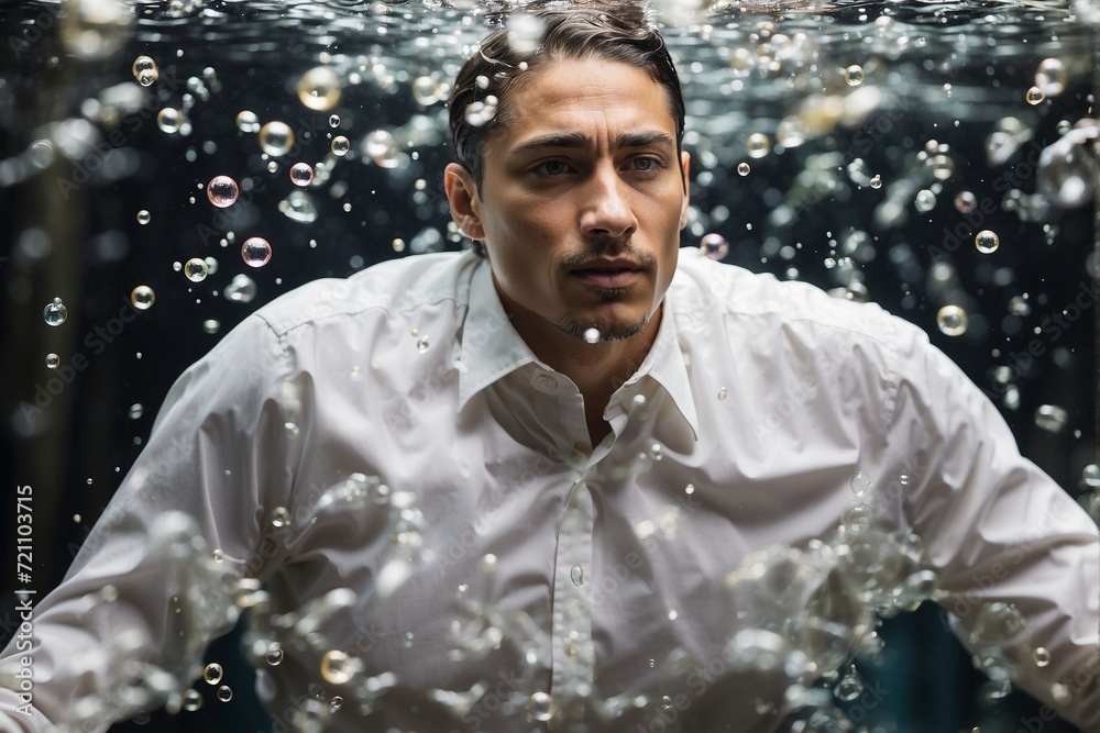 A white shirt is sinking underwater, surrounded by bubbles.