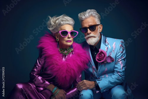 Portrait of a fashionable senior couple wearing colourful dresses and sunglasses