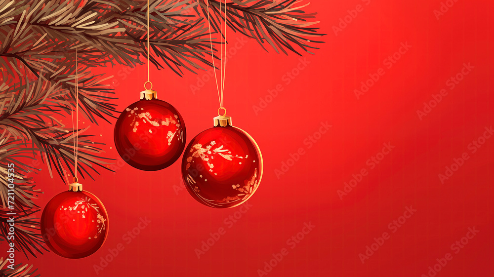 Red Christmas balls and fir branches on a red background, banner, New Year or Christmas. Christmas tree decorations, place for text. Illustration. Copy space