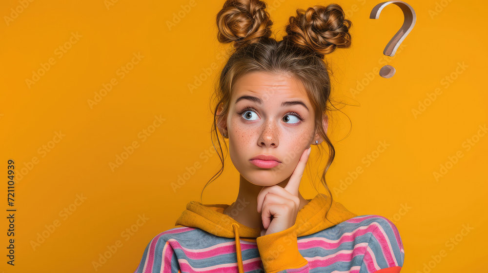 beauty girl wearing sweatshirt, question symbol confused face expression