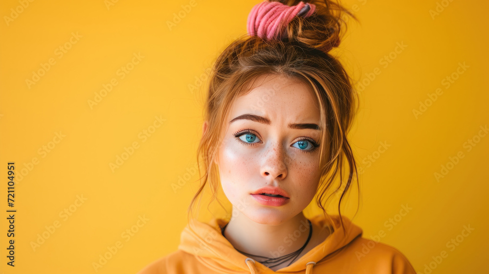 beauty girl wearing sweatshirt, question symbol confused face expression beauty girl wearing sweatshirt, question symbol confused face expression