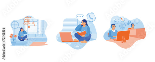 Happy young woman caller talking on the phone at home. Girl reading a book in bed. Woman with phone calling to customer support service concept. Set Flat vector illustration.