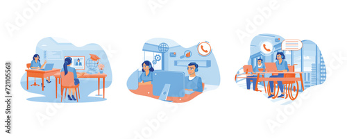 Manager giving training and education instructions.  Employee working at call center reception in disability friendly office. Woman with phone calling to customer support service concept. 