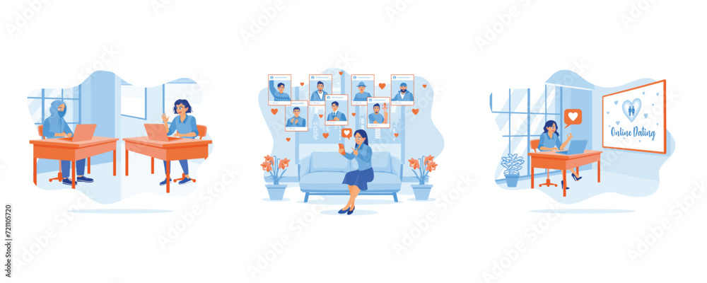 Young woman dating online with a fake boyfriend. Online Dating. Young woman sitting in front of laptop. set flat vector modern illustration Young woman dating online with a fake boyfriend. Online Dating. Young woman sitting in front of laptop. set flat vector modern illustration
