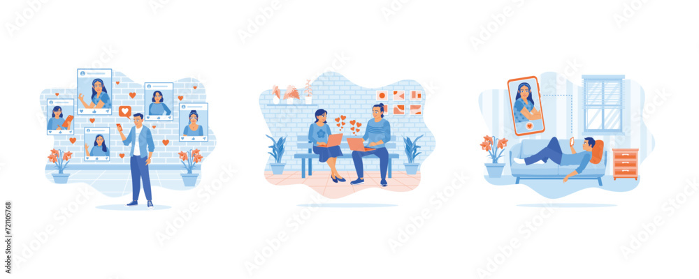 Handsome man visits online dating site via smart phone. Young couple sitting on chairs inside the house. Social media dating app. set flat vector modern illustration