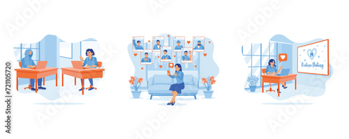 Young woman dating online with a fake boyfriend. Online Dating. Young woman sitting in front of laptop. set flat vector modern illustration 