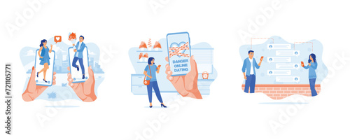 Young men and women date online via smart phone. Woman standing while looking at cell phone indoors. Man woman standing with text bubble background. set flat vector modern illustration 