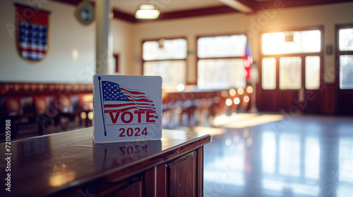 A 'Vote 2024' placard stands prominently on a desk in a well-lit, empty voting hall with American flags, evoking the atmosphere of election day.