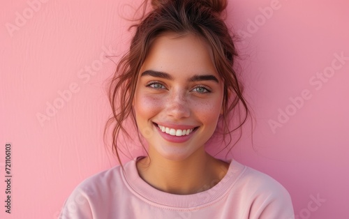 beauty girl, wearing sweatshirt, happy smiling face