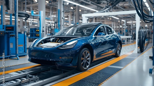 Electric Vehicle EV Production Line on Advanced Automated Smart Factory. High Performance Electric Car Manufacturing. 