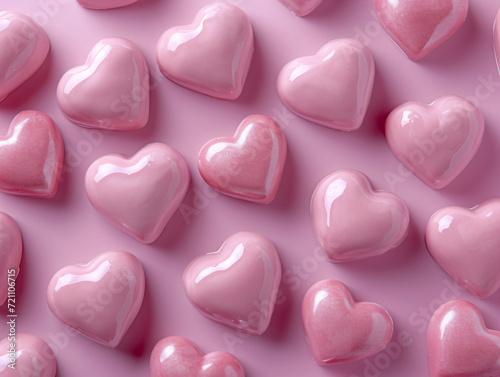 Pink heart-shaped candies on pink background, top view. Valentine's day background