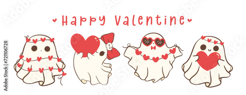 cute retro valentine ghosts set banner, spooky love doodle in kawaii style