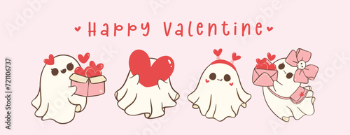cute retro valentine ghosts set banner, spooky love doodle in kawaii style