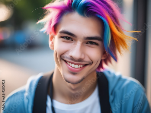portrait of a young man with colored bright hair, attractive guy smiling photo