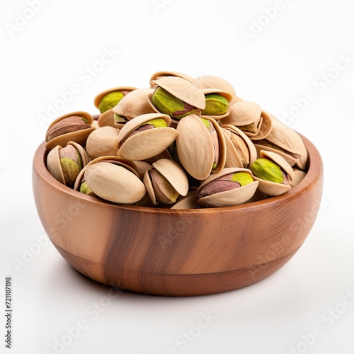 Pistachio nuts in wooden bowi isolated