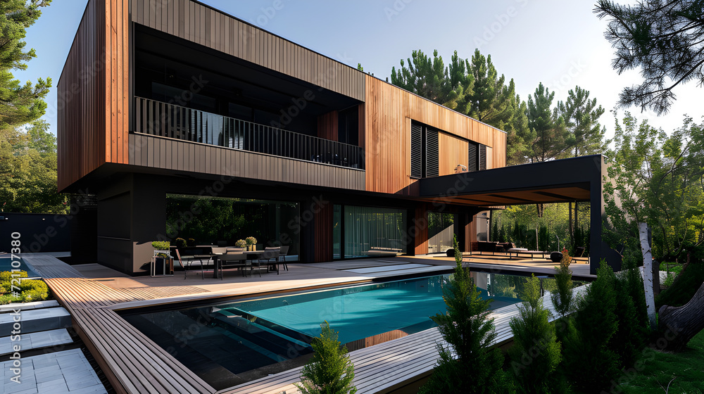 The exterior of a luxury minimalist cubic house with wooden cladding and black panel walls, landscaping design in the front yard, and a swimming pool