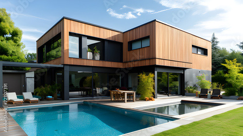The exterior of a luxury minimalist cubic house with wooden cladding and black panel walls, landscaping design in the front yard, and a swimming pool © Somvang