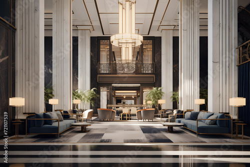 Condo Lobby with Grand Marble Columns and Chandel photo