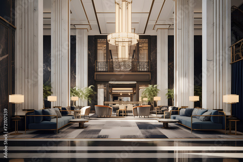 Condo Lobby with Grand Marble Columns and Chandel