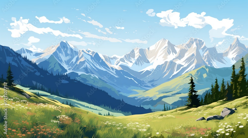 A realistic vector-style representation of the French Pyrenees landscape, featuring rolling hills, majestic mountains, and a serene valley under a clear sky