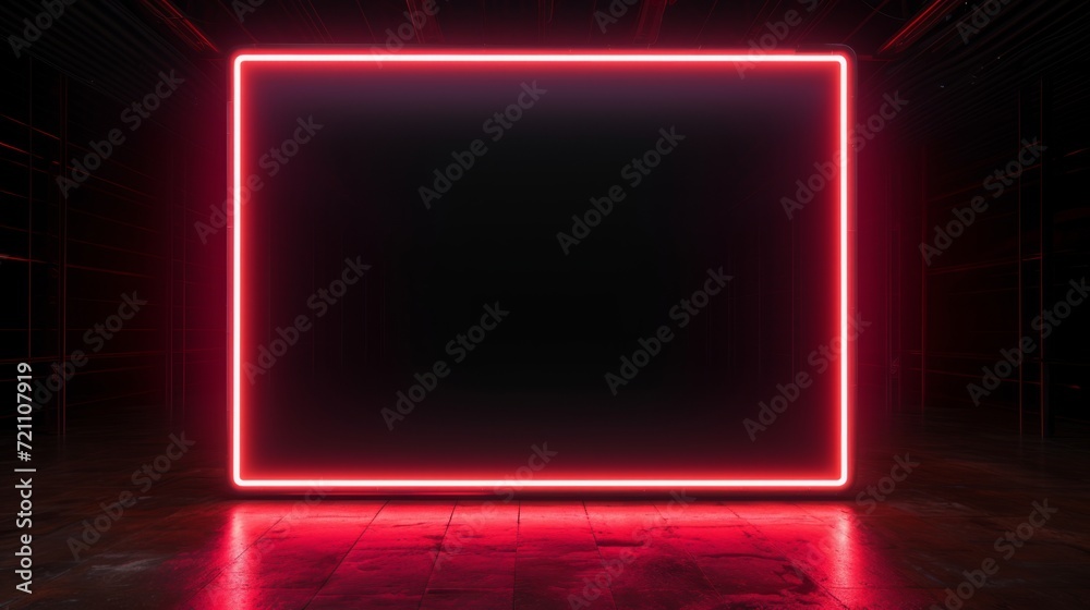 Fototapeta premium Neon rectangle. A huge neon sign in form of rectangle pointing right in huge empty dark space