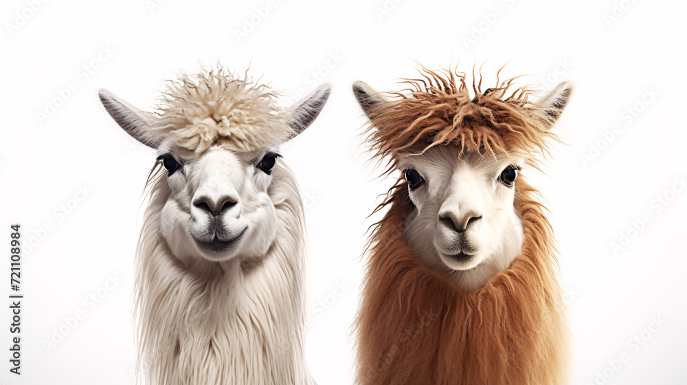 Two alpaca heads on white background, close-up. Two alpaca heads on white background, close-up.
