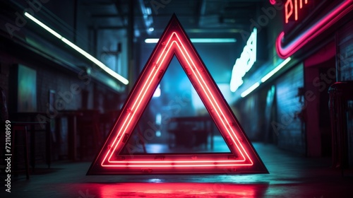 Neon triangle. A huge neon sign in form of triangle pointing right in huge empty dark space photo