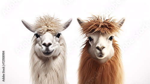 Two alpaca heads on white background, close-up.