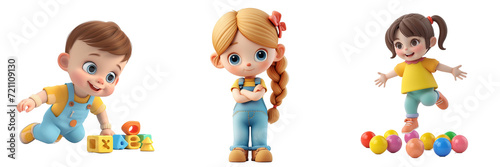 3d cartoon illustration of children playing. The older sister is looking after her two younger siblings, idea for your script.