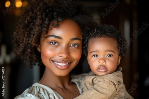 African American mother holding baby in copy space portrait