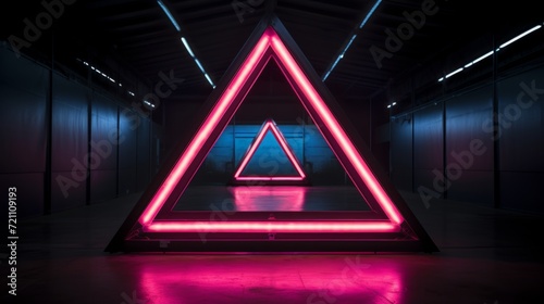 Neon triangle. A huge neon sign in form of triangle pointing right in huge empty dark space