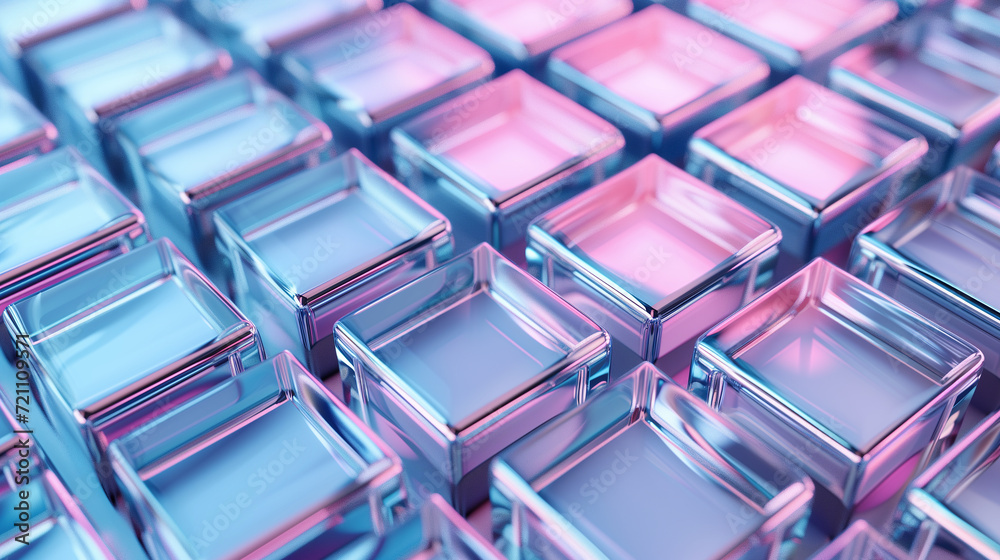 正方形のガラスの3Dモデル。背景画像_青紫色
3D model of glass squares. Chromatic sculpture. Purple and Blue based wallpaper background [Generative AI]